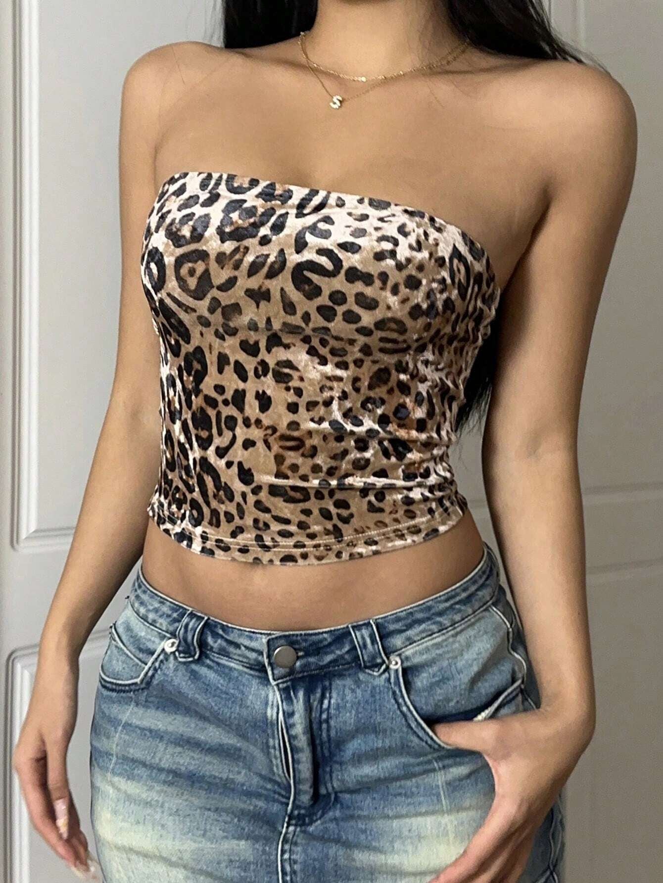 SHEIN Ezwear Leopard Print Tube Top, Slim Fit Casual Women Summer Shirt