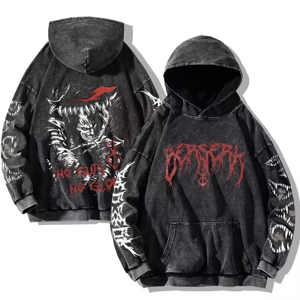 Mens Berserk Hoodies Gothic Print Vintage Washed Hoodie Hip Hop Streetwear Cotton Sweatshirts Y2K Oversized Hoodie