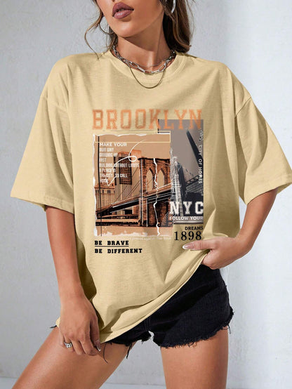 INAWLY Street View and Slogan Graphic Drop Shoulder Tee MAKE YOUR OWN WAY GROWING up FAST BUILDING without LIMITS a PLACE in the CITY to CALL HOME CITY of HOMES NYC FOLLOW YOUR DREAMS 1898 the Brooklyn Bridge Is a Famous Sight in New York BE BRAVE BE DIFFERENT Graphic Tees Women Tops