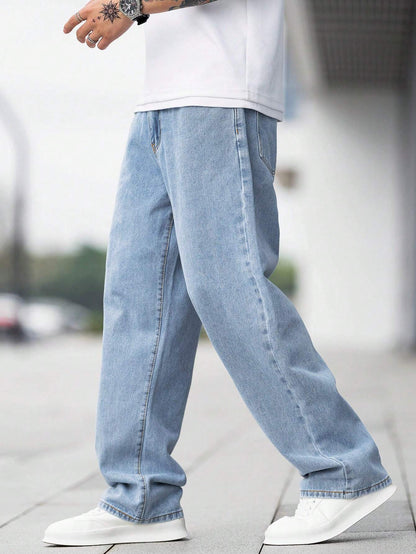 Manfinity Hypemode Loose Fit Men'S Cotton Jeans with Slant Pockets Baggy Long Washed Skater Jean Cargo Plain Light Blue Going Out Y2K Friends