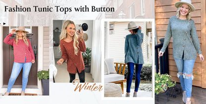 Blouses for Women Long Sleeve Crew Neck Tunic Tops Buttons Side Fall Shirts