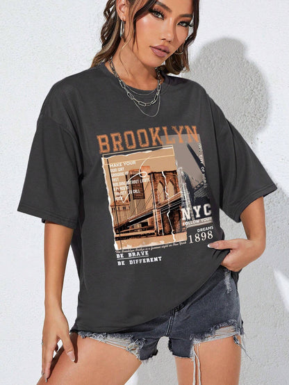 INAWLY Street View and Slogan Graphic Drop Shoulder Tee MAKE YOUR OWN WAY GROWING up FAST BUILDING without LIMITS a PLACE in the CITY to CALL HOME CITY of HOMES NYC FOLLOW YOUR DREAMS 1898 the Brooklyn Bridge Is a Famous Sight in New York BE BRAVE BE DIFFERENT Graphic Tees Women Tops