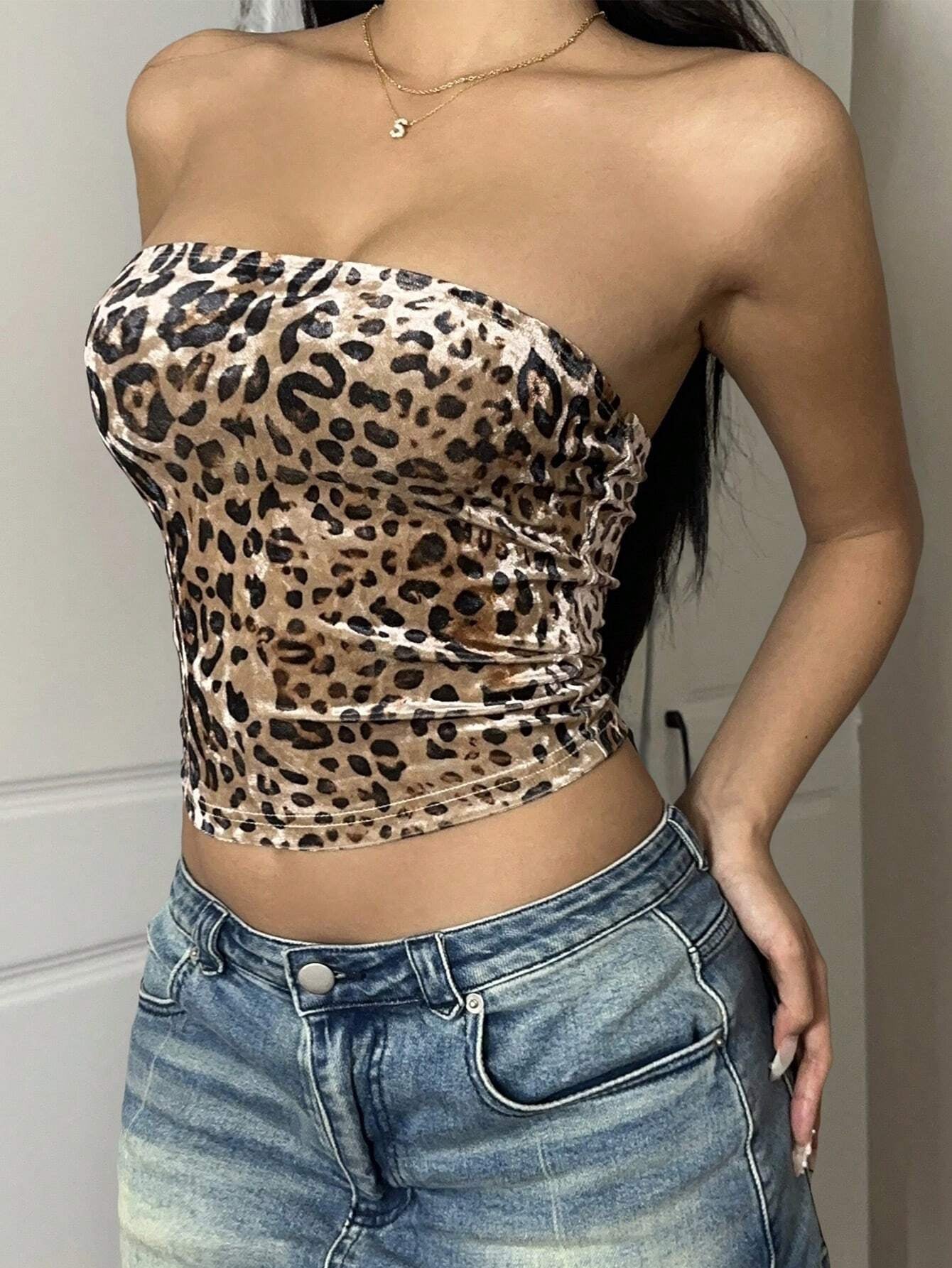 SHEIN Ezwear Leopard Print Tube Top, Slim Fit Casual Women Summer Shirt