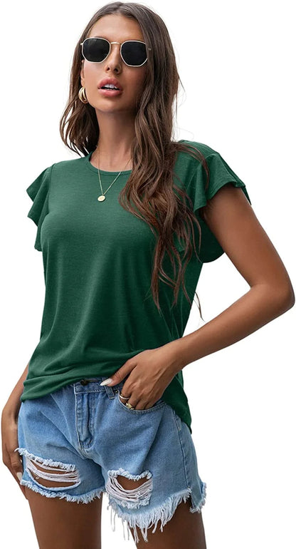 Summer Ruffle Short Sleeve Knit Tunic Tops Shirts Tank Tee Blouse for Women