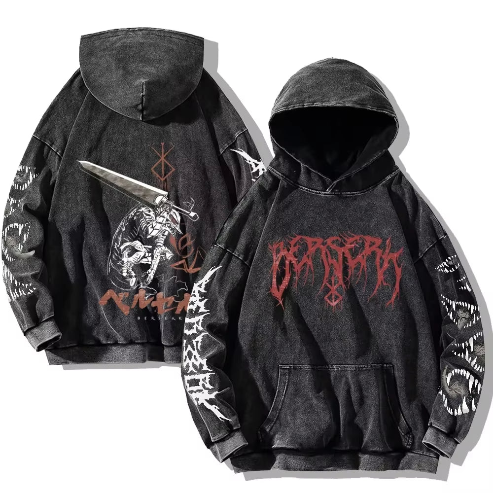 Mens Berserk Hoodies Gothic Print Vintage Washed Hoodie Hip Hop Streetwear Cotton Sweatshirts Y2K Oversized Hoodie