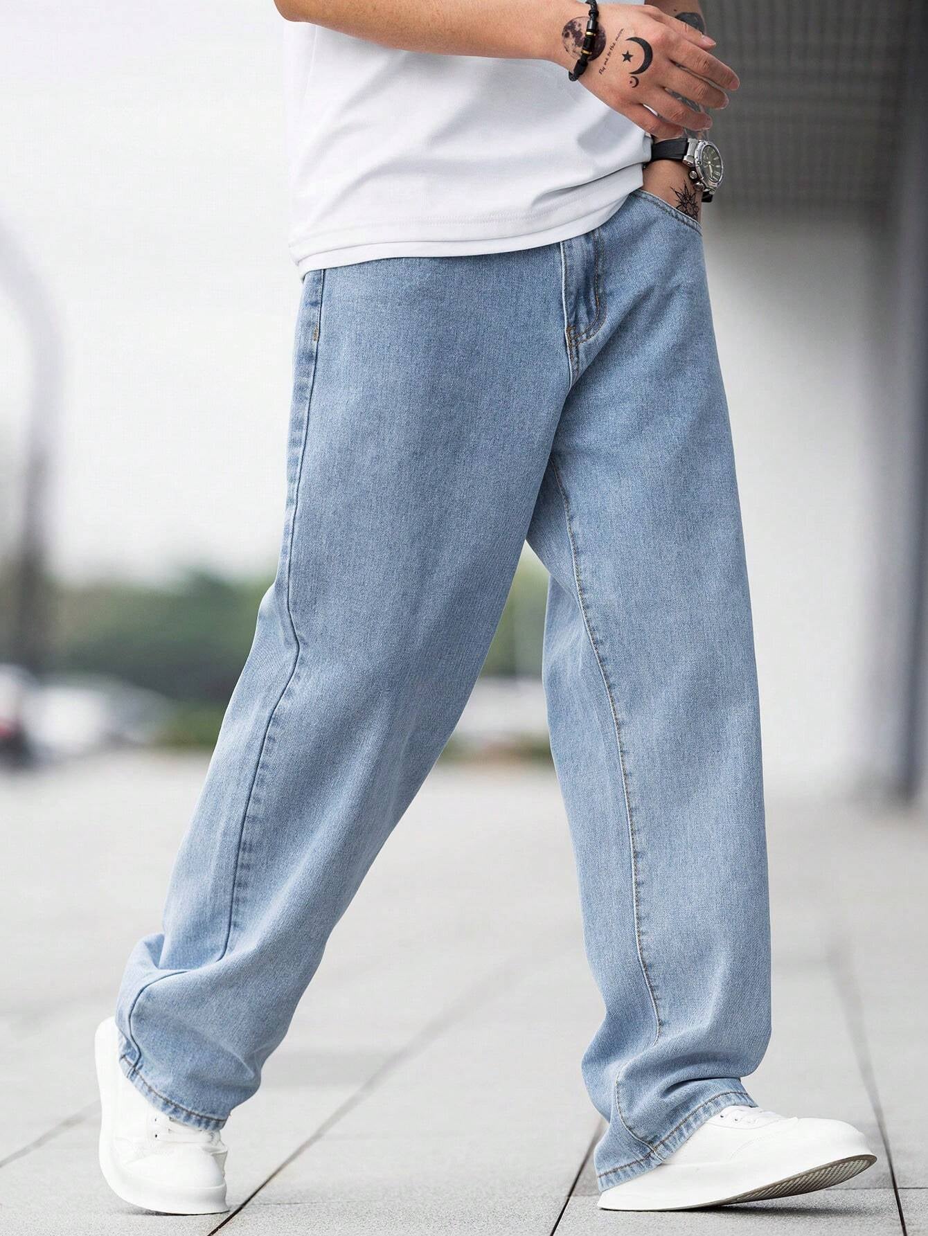 Manfinity Hypemode Loose Fit Men'S Cotton Jeans with Slant Pockets Baggy Long Washed Skater Jean Cargo Plain Light Blue Going Out Y2K Friends