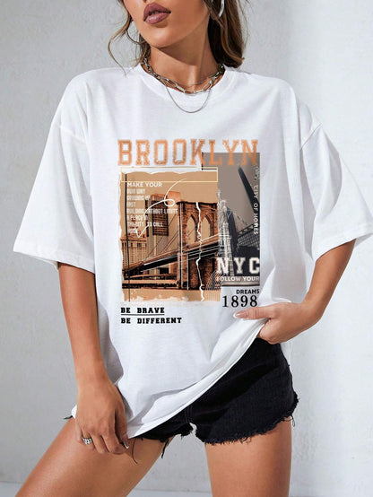 INAWLY Street View and Slogan Graphic Drop Shoulder Tee MAKE YOUR OWN WAY GROWING up FAST BUILDING without LIMITS a PLACE in the CITY to CALL HOME CITY of HOMES NYC FOLLOW YOUR DREAMS 1898 the Brooklyn Bridge Is a Famous Sight in New York BE BRAVE BE DIFFERENT Graphic Tees Women Tops