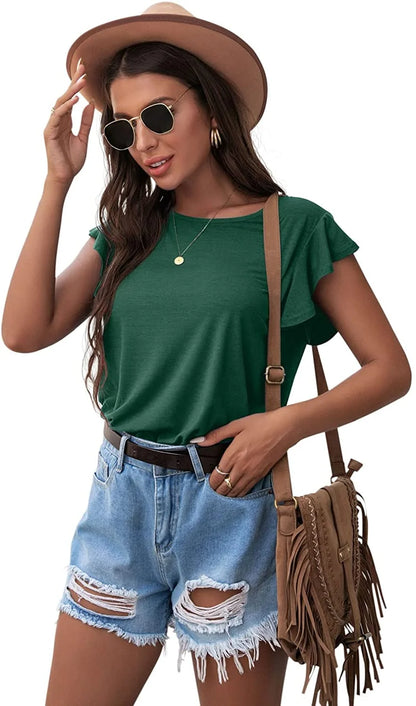 Summer Ruffle Short Sleeve Knit Tunic Tops Shirts Tank Tee Blouse for Women